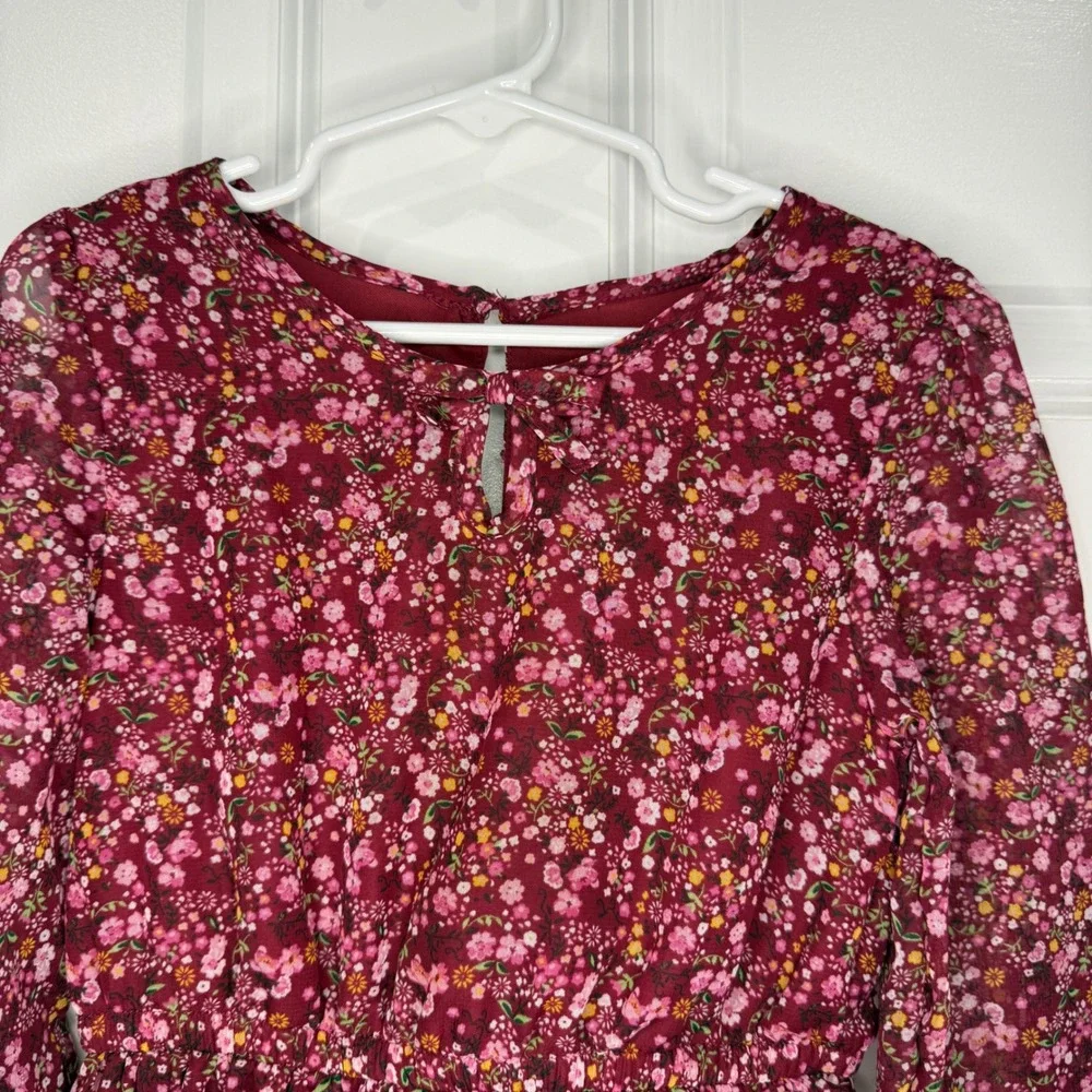 Little Lass Girls Burgundy Floral Chiffon Long‎ Sleeve Dress Size 6